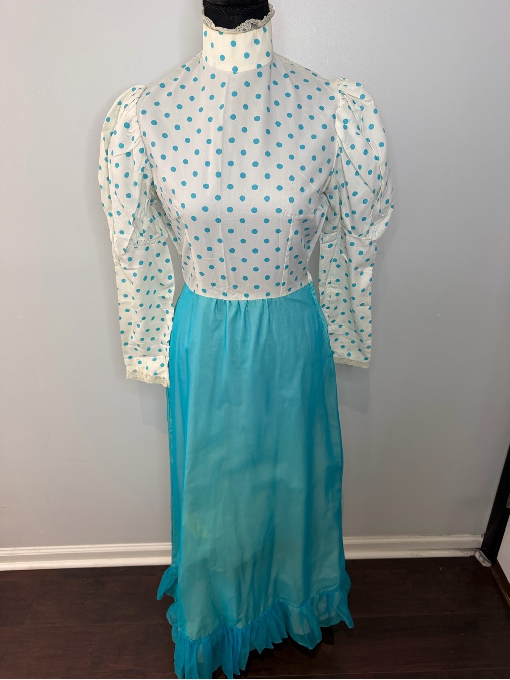 Vintage Gunne Sax Style Polka Dot Maxi Dress Handmade Prairie High Neck Small